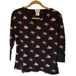 Mickey Black & Pink Skull & Crossbones 3/4 Sleeve Henley Top Blingy Size XL